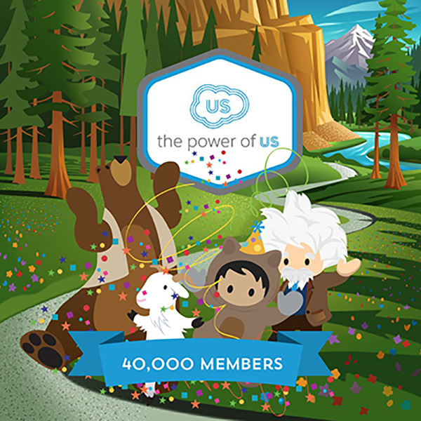 Salesforce characters Cody, Cloud, Astro and Einstein celebrating 40,000 members in the Power of Us Hub Community