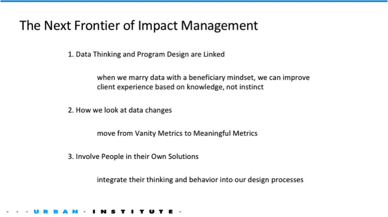 Slide from Dr. Shena Ashley, The Urban Institute on nonprofit impact measurement