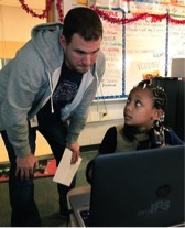 Salesforce employee, Will Brooks, participates in Hour of Code with local IPS student during CS Ed Week, Dec 2017