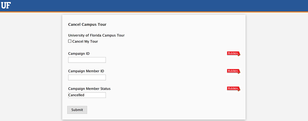 University of Florida campus tour cancellation page