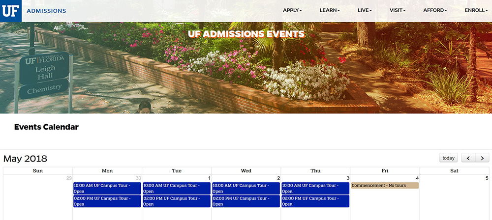 University of Florida Admissions Events calendar page