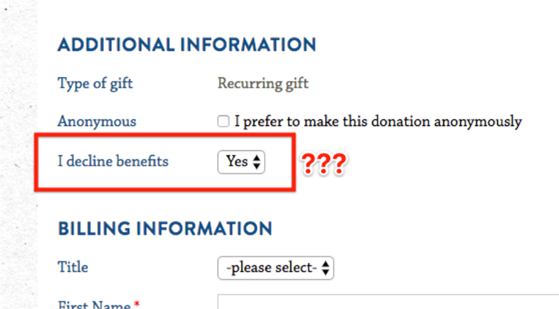 A difficult-to-understand nonprofit fundraising page example.
