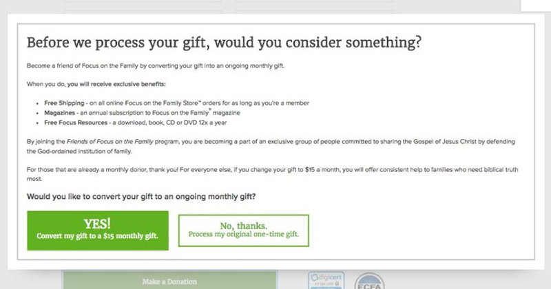 Try adding a prompt for recurring gift before one-time donation completion