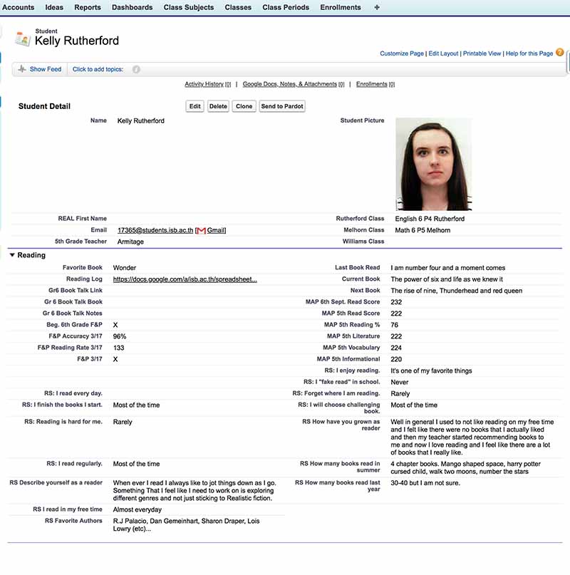 Example student record in Salesforce