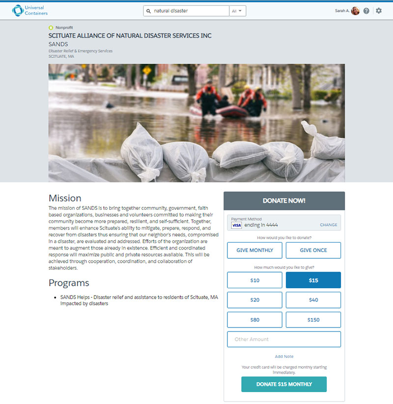 An example of an online giving page for disaster relief