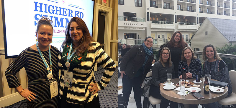 Joanna Iturbe and Florence Parodi at Higher Ed Summit (Left). Higher Ed Advisory Council members at Higher Ed Summit (Right).