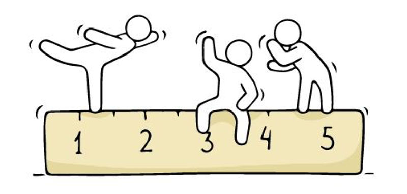 Hand drawn figures balancing on a giant ruler