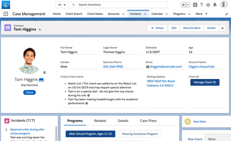 A view of a client’s contact record in the new Nonprofit Cloud Case Management