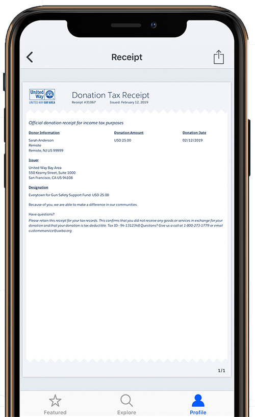 Screenshot of a donation tax receipt