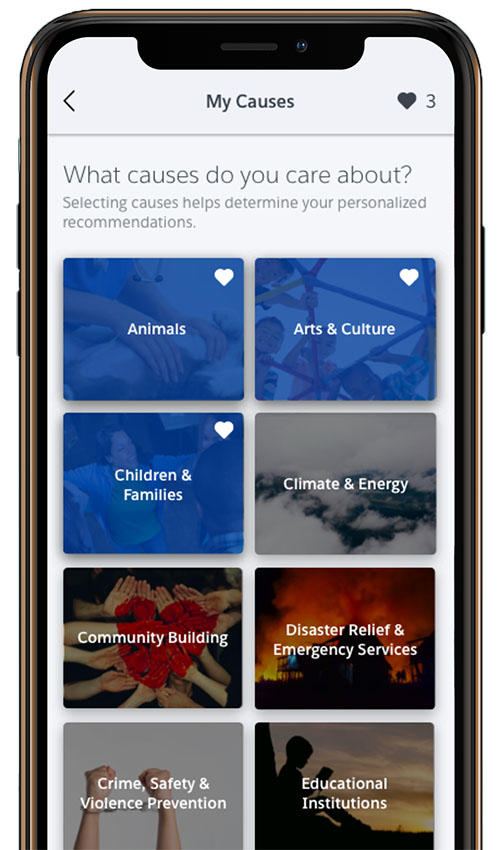 Select the causes you’re most passionate about in the iOS mobile app for Philanthropy Cloud.