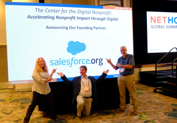 NetHope’s Lee Anne Caylor, Jean-Louis Ecochard and Fredrik Winsnes celebrate Salesforce as a new Center for the Digital Nonprofit Founding Partner. Source: NetHope