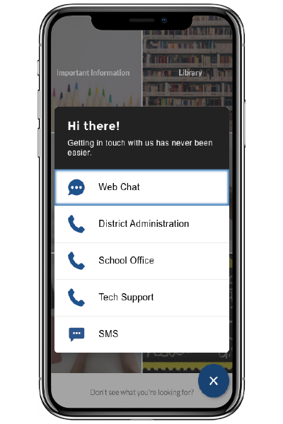 Multiple options to contact a school, shown on a phone screen