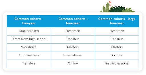 A table showing common enrollment cohorts