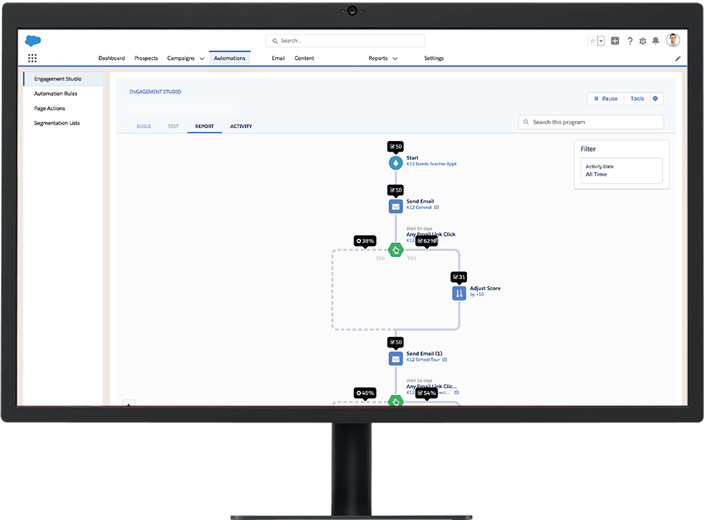 Product screenshot of Marketing Cloud for Connected School, showcasing a program flow within the product