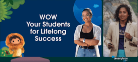 Still image from an event with a woman speaking on the right side and a “Wow your students for Lifelong Success” graphic on the left