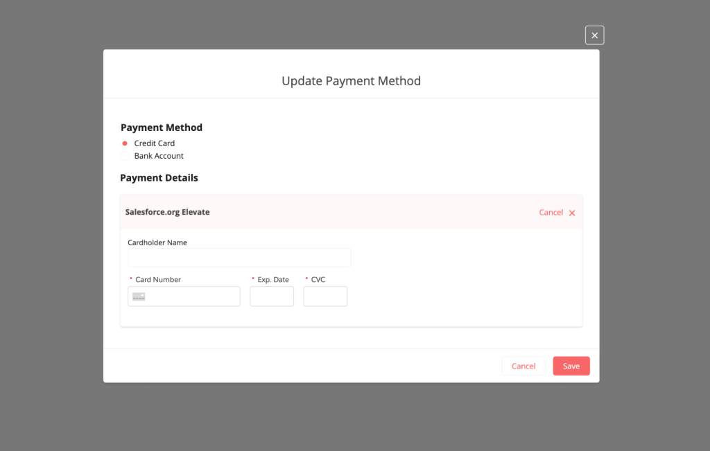 Screenshot of payment method