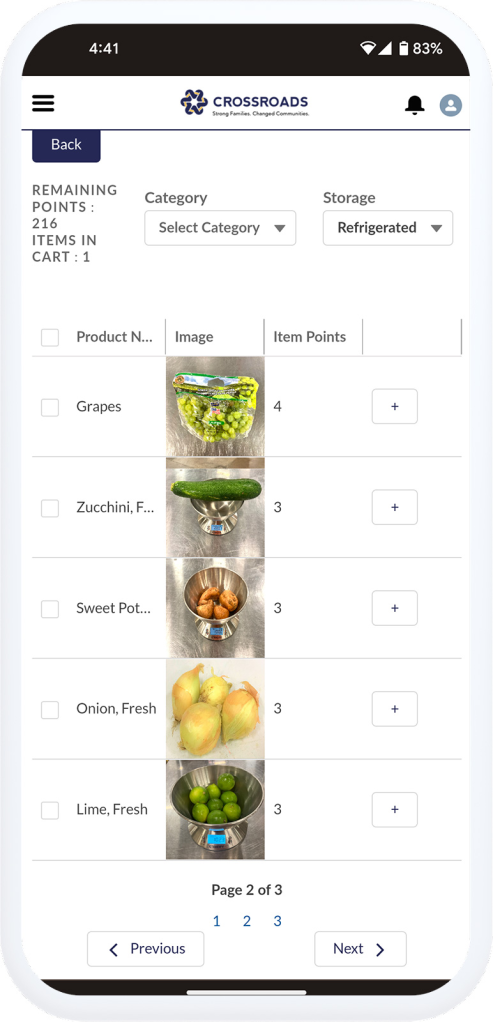 Screenshot of the Crossroads app with produce options