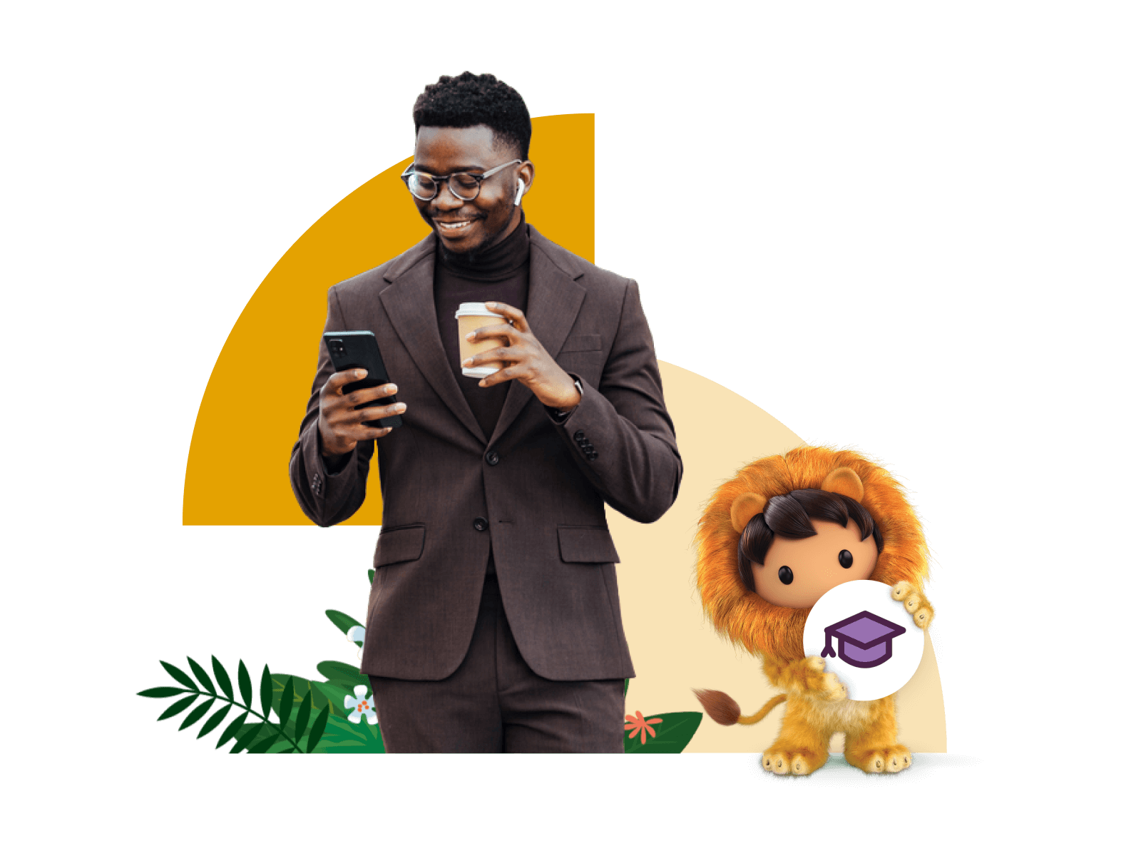 Man holding coffee cup, looking at cell phone, with Lionheart Astro